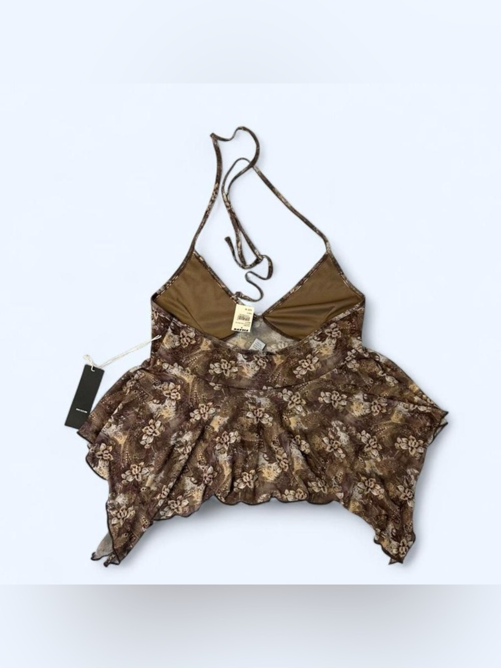 Brown Sheer Floral Print Asymmetrical Hem Cropped Halter Top by West of Melrose - Picture 3 of 8